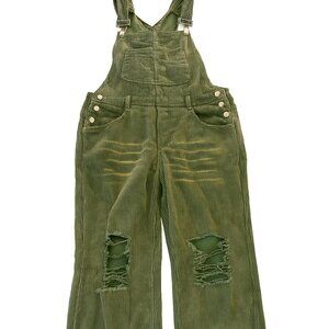 BiBi Women’s Corduroy Bib Overalls Size L Green Wide-Leg Distressed-A182